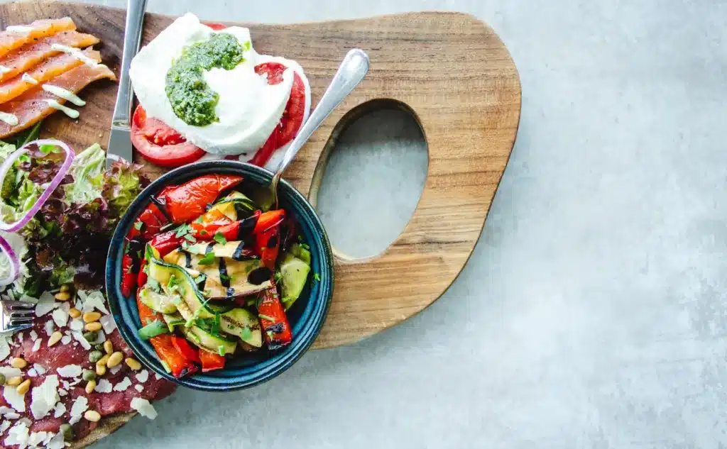 tray of food on white surface. Balanced diet, mental clarity