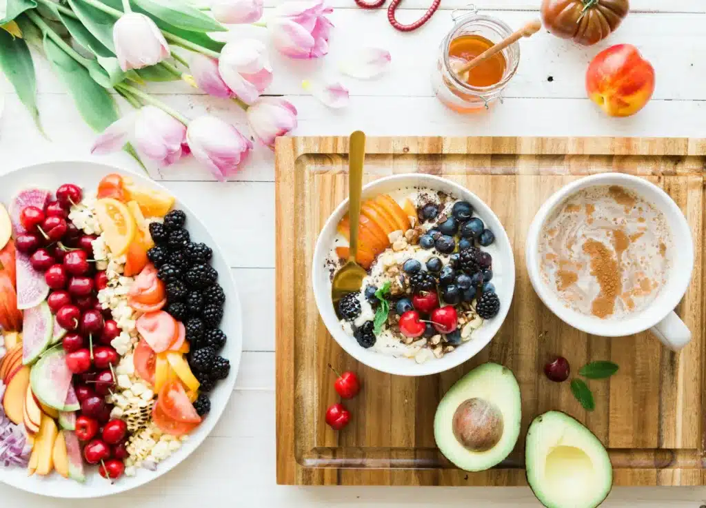 black and red cherries on white bowl, Eating right, mental health. Key nutrition strategies