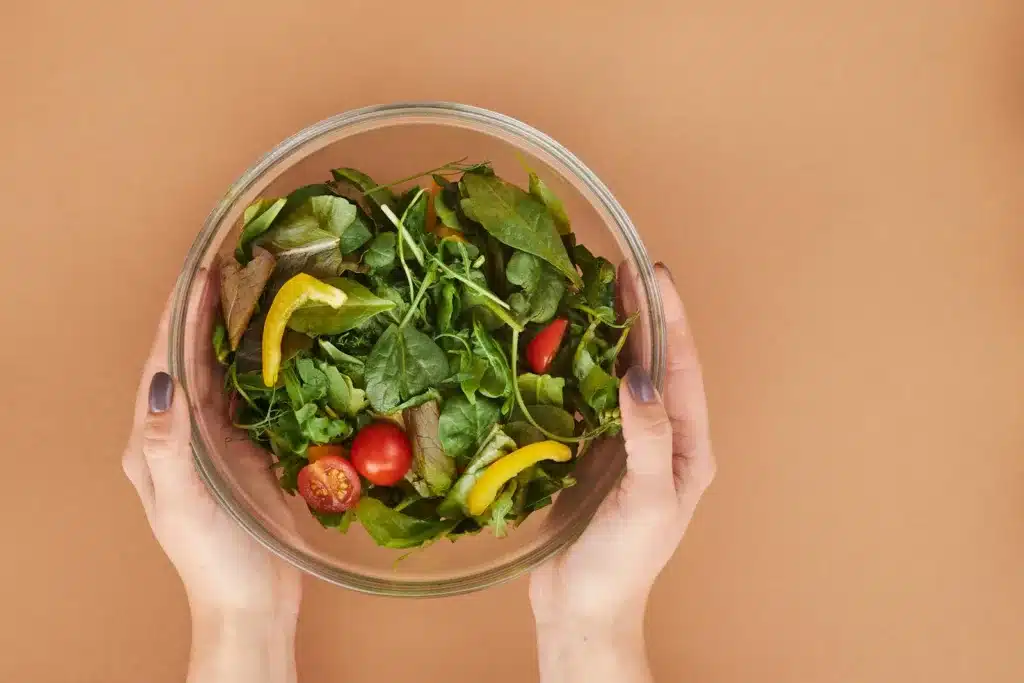 Vegetable Salad in Clear Glass Bowl. balanced diet, mindful eating