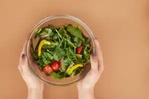 Vegetable Salad in Clear Glass Bowl. balanced diet, mindful eating